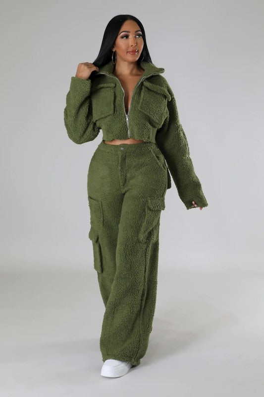 Fuzzy Jacket Two Piece Set