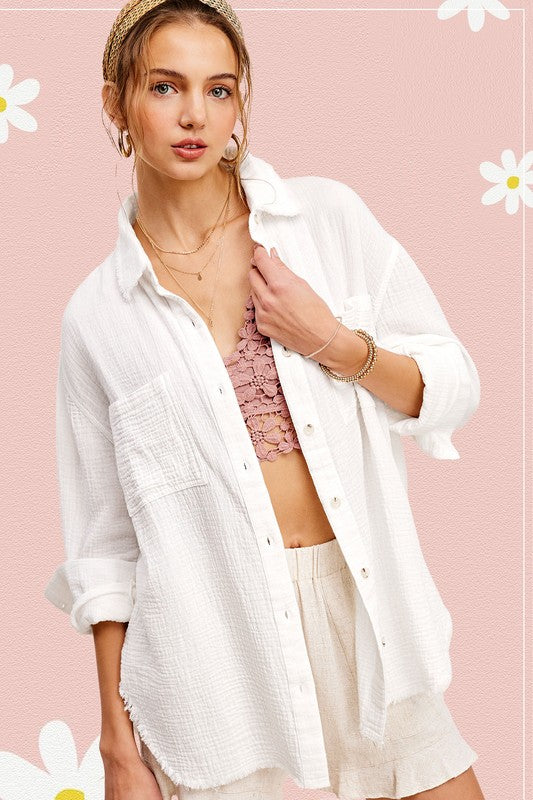 Soft Washed Crinkled Gauze Button Down Shirt-3 Colors