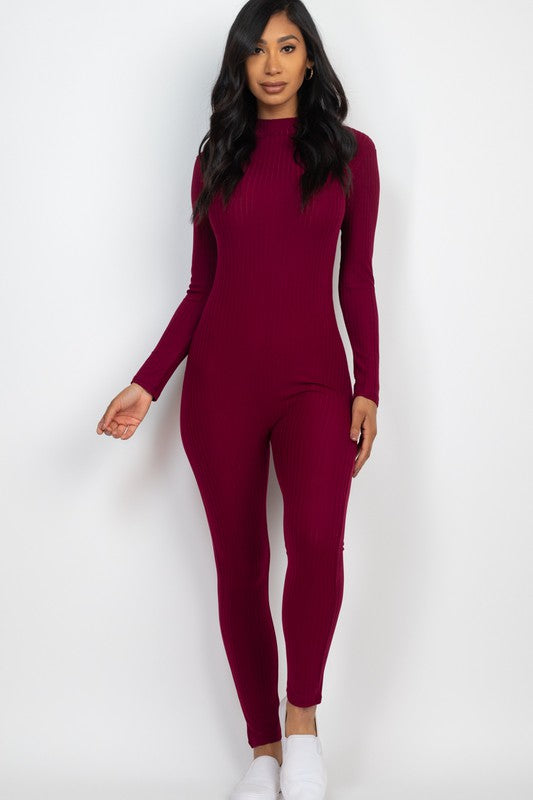 Ribbed Mock Neck Long Sleeve Casual Jumpsuit- 6 Colors