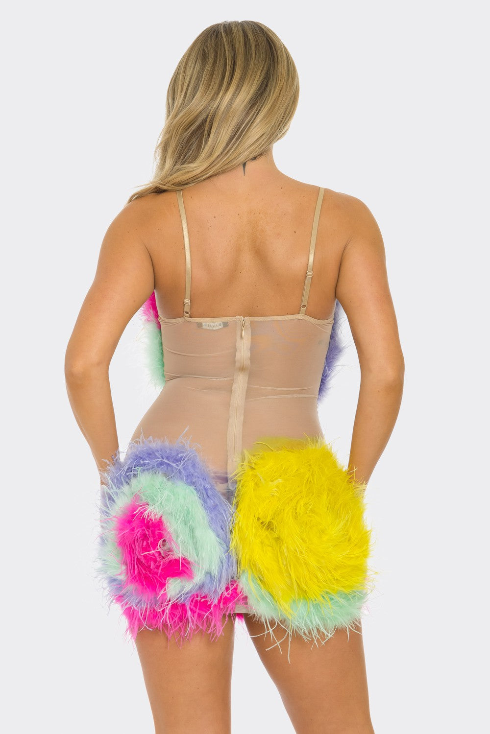 Rainbow Ostrich Feather Mini Dress