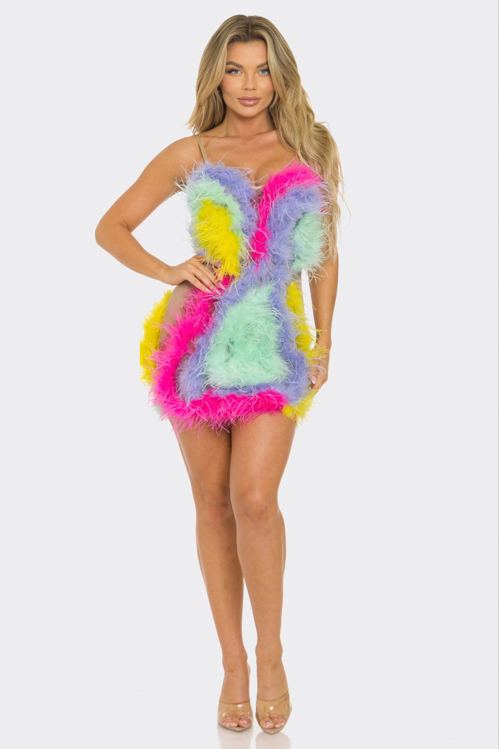 Rainbow Ostrich Feather Mini Dress