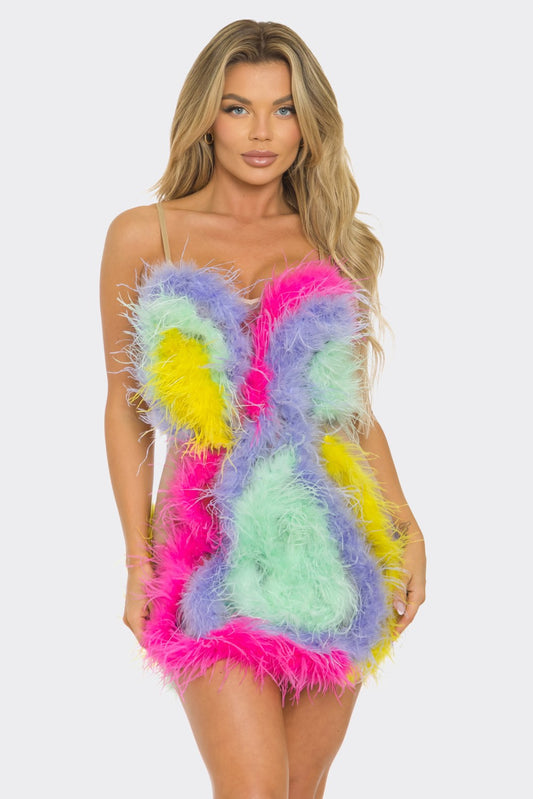 Rainbow Ostrich Feather Mini Dress