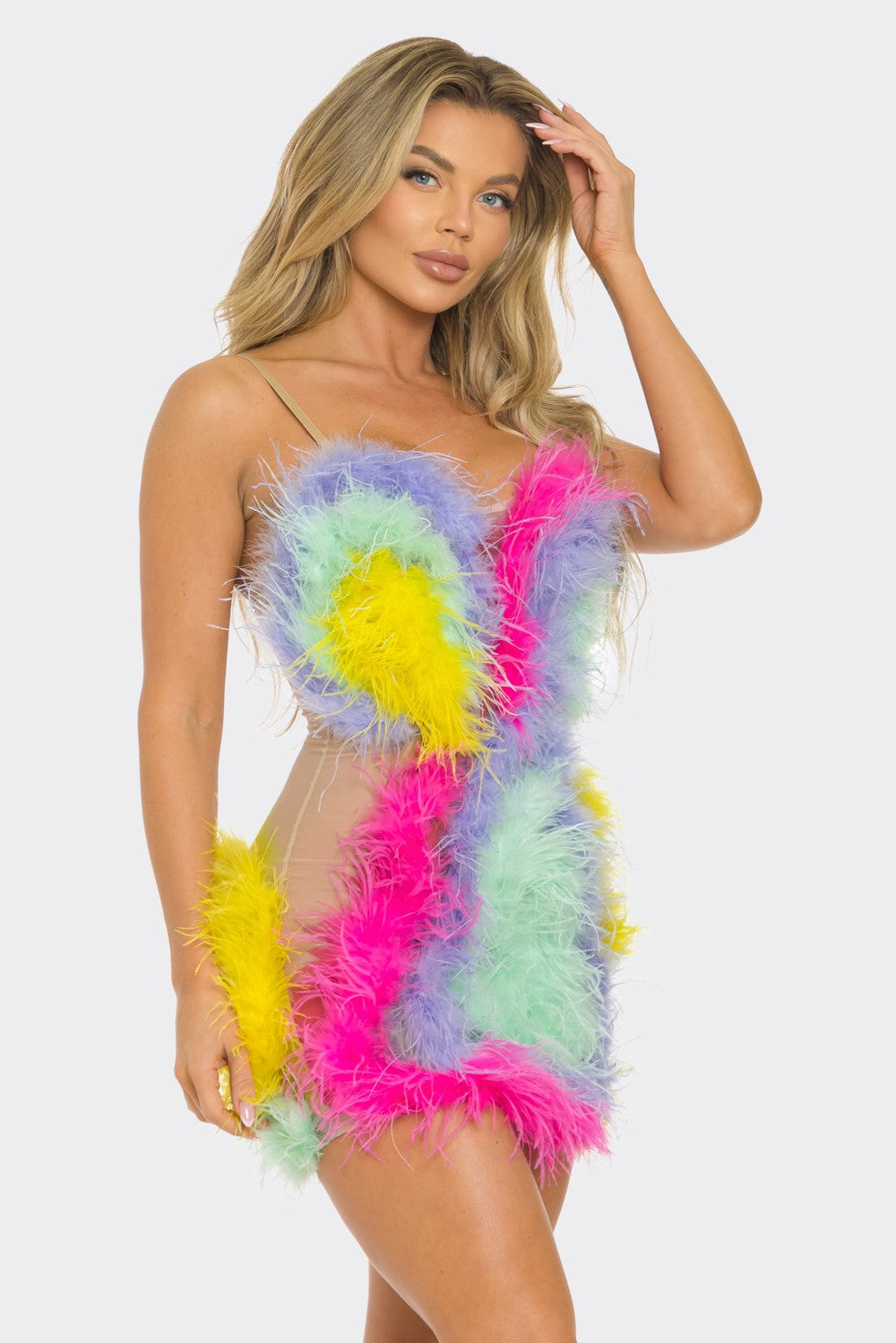 Rainbow Ostrich Feather Mini Dress