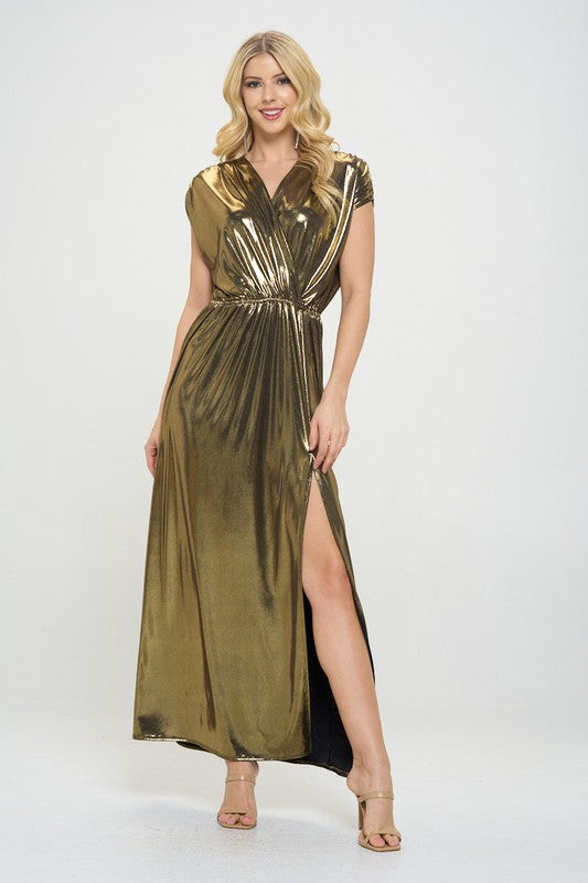 Renee C Sleeveless Gold Metallic Maxi Dress