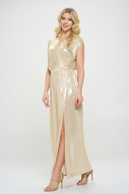 Renee C Sleeveless Sand Metallic Maxi Dress