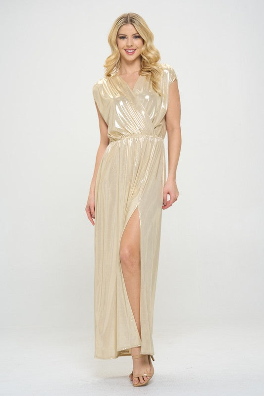 Renee C Sleeveless Sand Metallic Maxi Dress