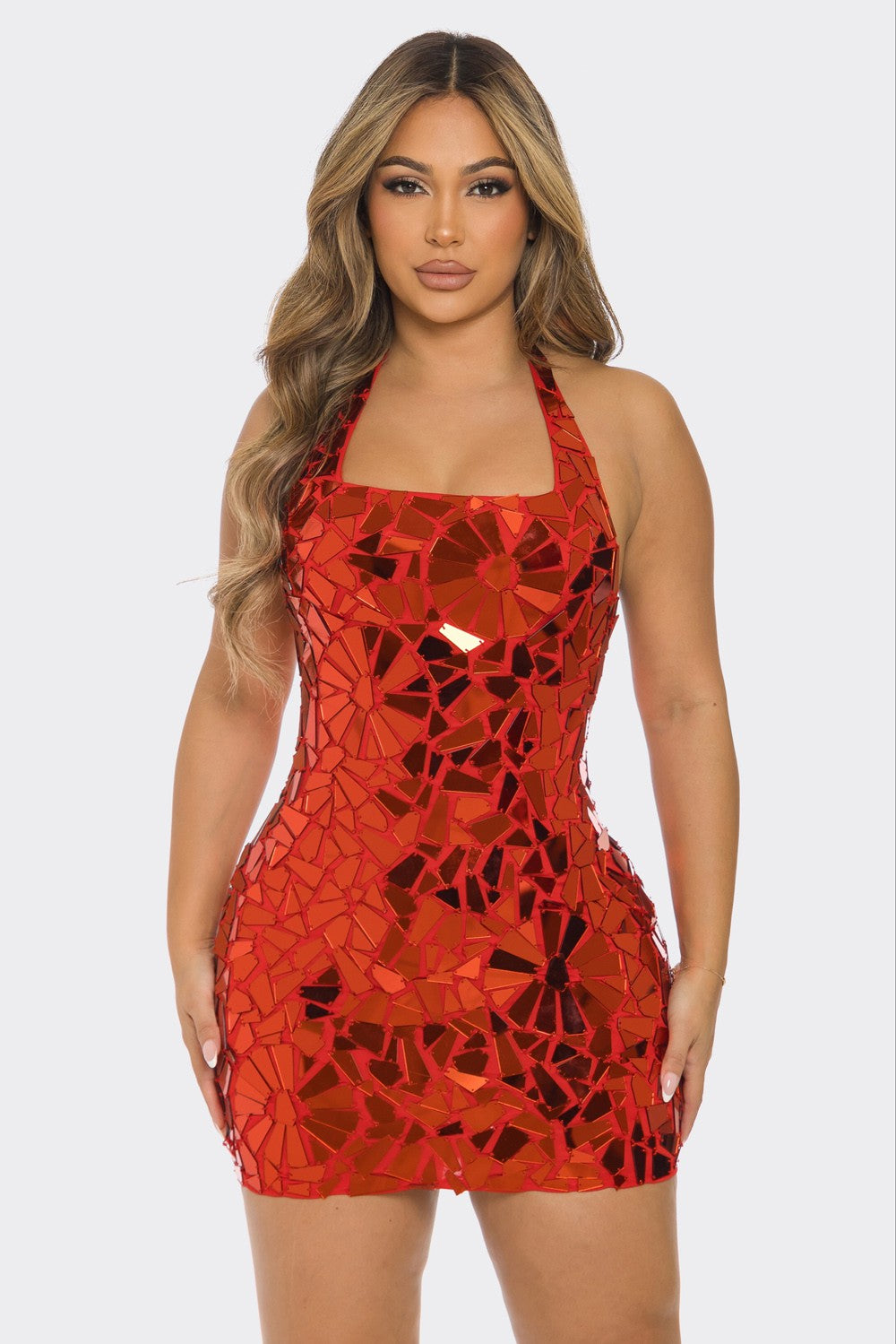 Shiny Cut Mirror Embellished Mini Dress- Red