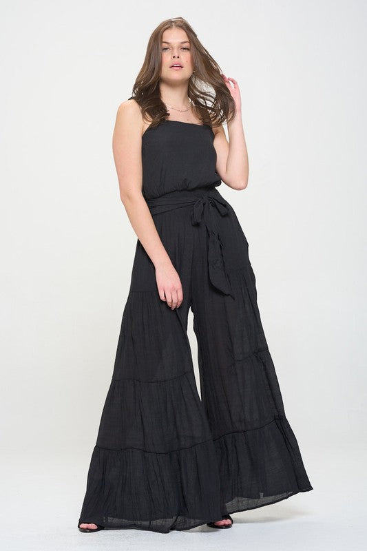 PLUS SIZE ELASTIC STRAP TIERED JUMPSUIT- 2 COLORS