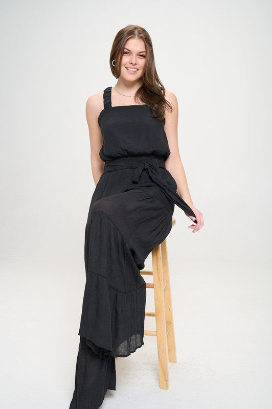 PLUS SIZE ELASTIC STRAP TIERED JUMPSUIT- 2 COLORS