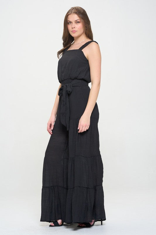 PLUS SIZE ELASTIC STRAP TIERED JUMPSUIT- 2 COLORS