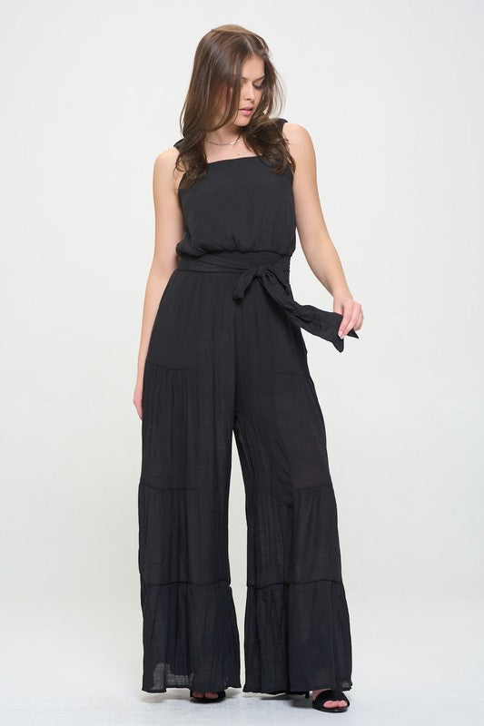 PLUS SIZE ELASTIC STRAP TIERED JUMPSUIT- 2 COLORS