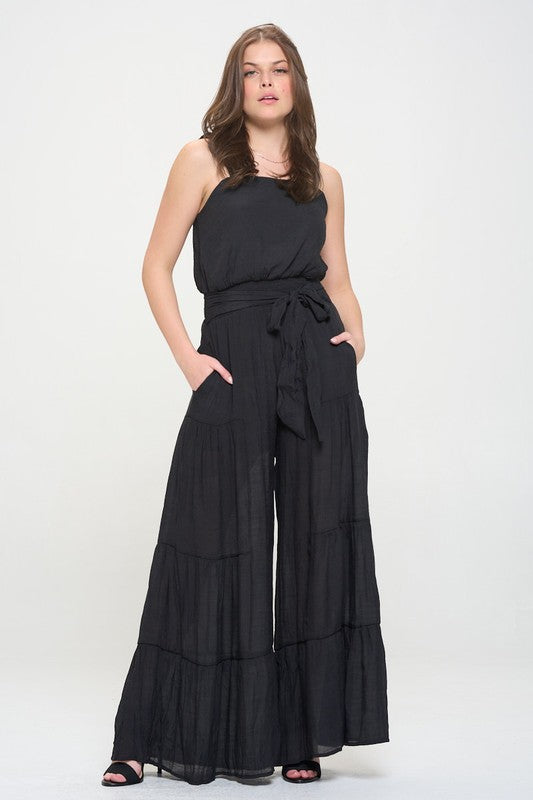 PLUS SIZE ELASTIC STRAP TIERED JUMPSUIT- 2 COLORS