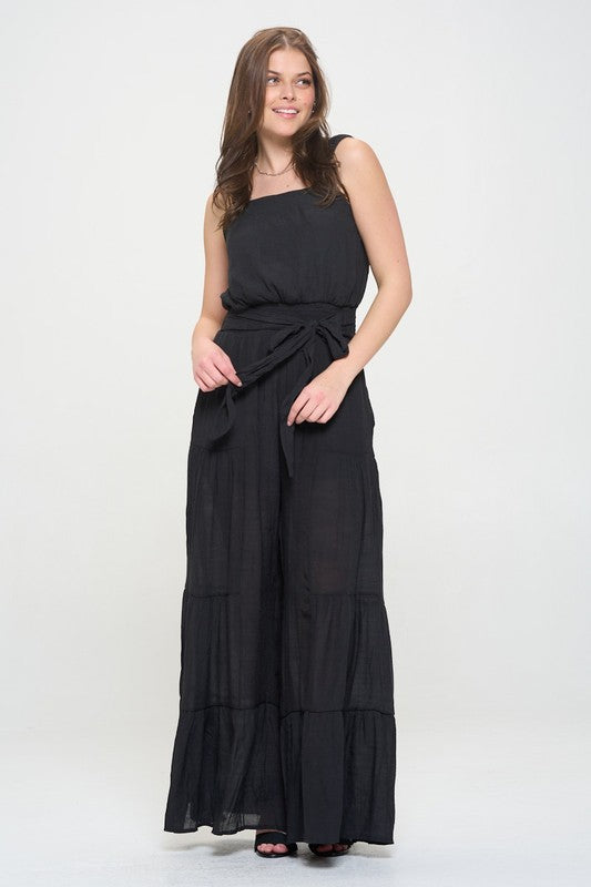 PLUS SIZE ELASTIC STRAP TIERED JUMPSUIT- 2 COLORS