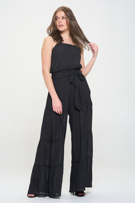 PLUS SIZE ELASTIC STRAP TIERED JUMPSUIT- 2 COLORS