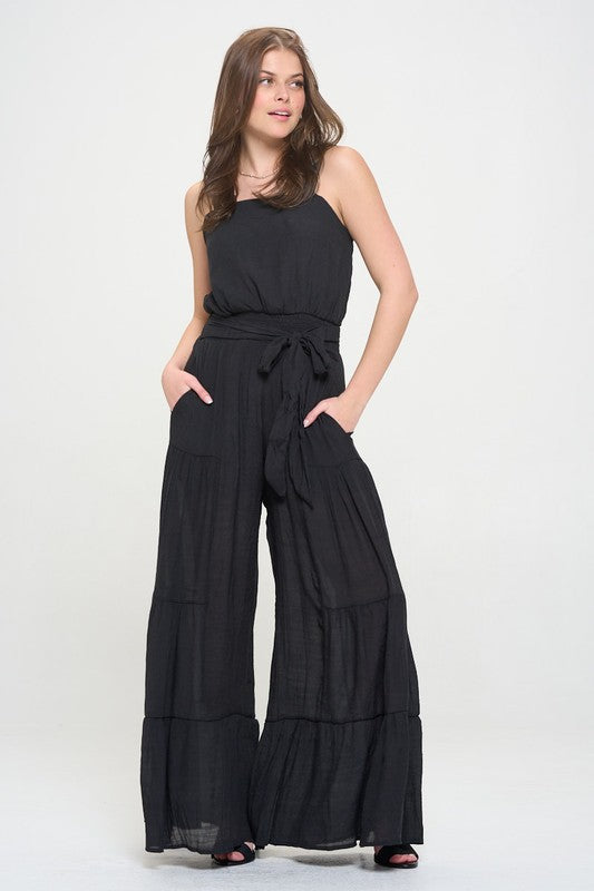 PLUS SIZE ELASTIC STRAP TIERED JUMPSUIT- 2 COLORS