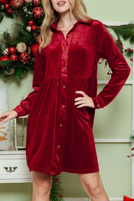 Button Down Velvet Long Sleeve Dress- 2 Colors
