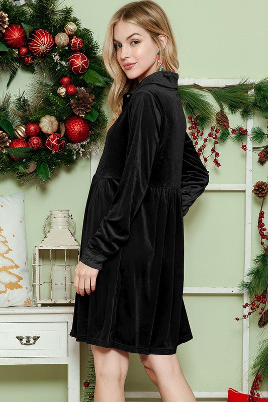 Button Down Velvet Long Sleeve Dress- 2 Colors