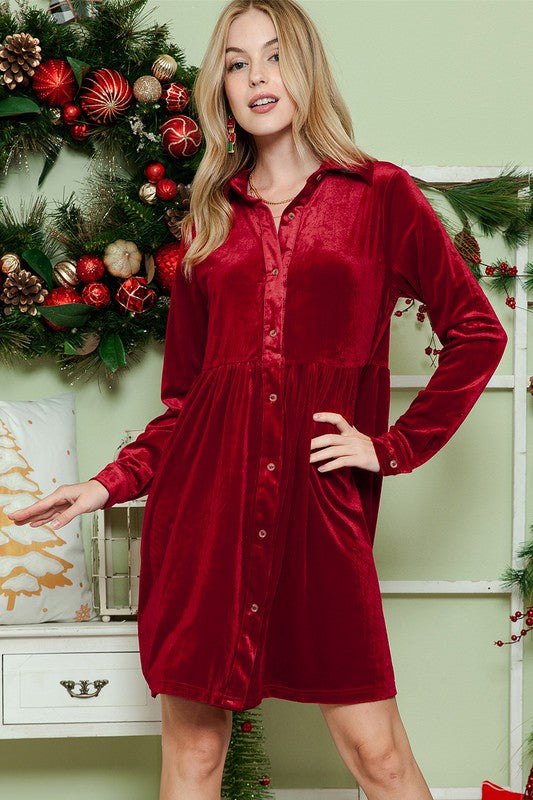 Button Down Velvet Long Sleeve Dress- 2 Colors