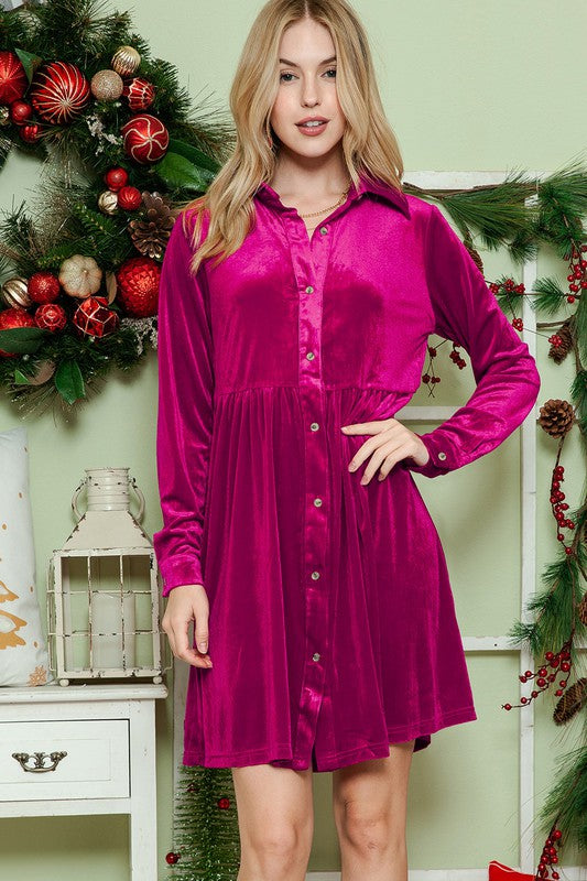 Button Down Velvet Long Sleeve Dress- 2 Colors