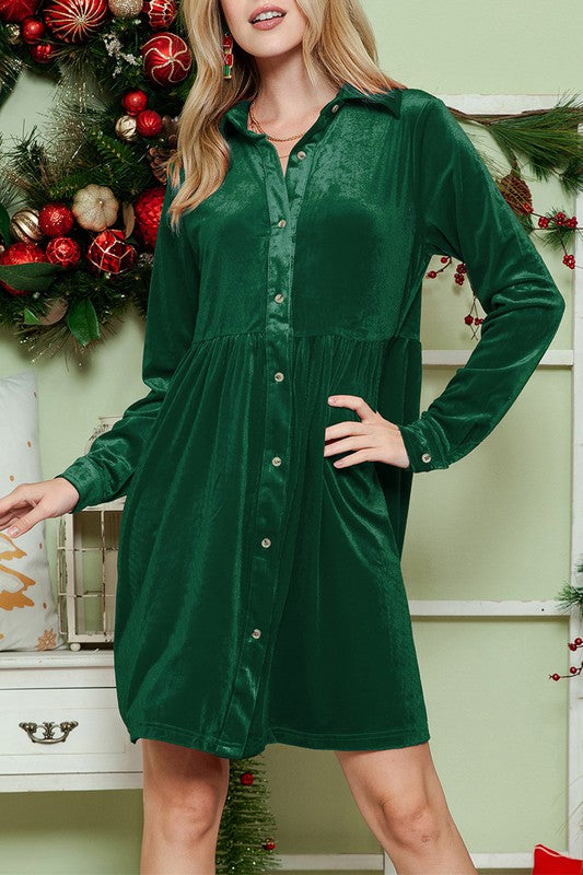 Button Down Velvet Long Sleeve Dress- 2 Colors