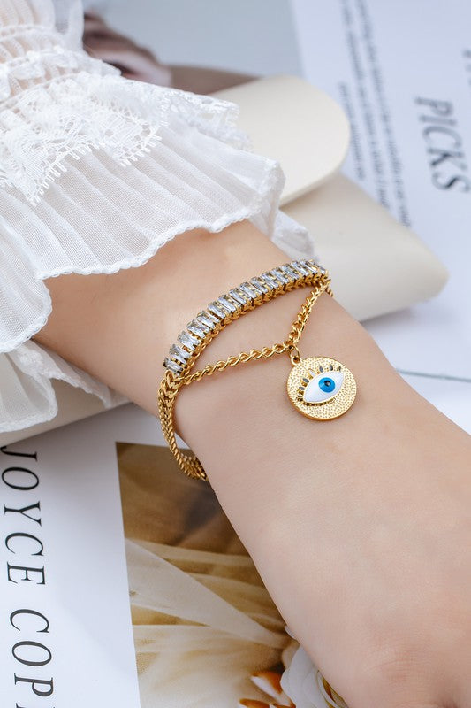 Waterproof CZ Stainless Steel Evil Eye Bracelet