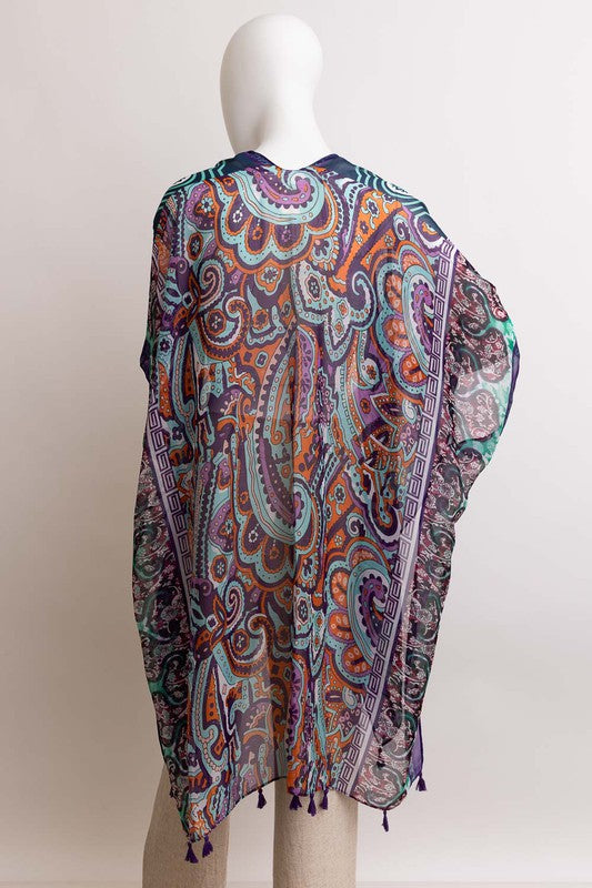 Paisley Print Open Front Kimono w/ Cinched Arms-3 Colors
