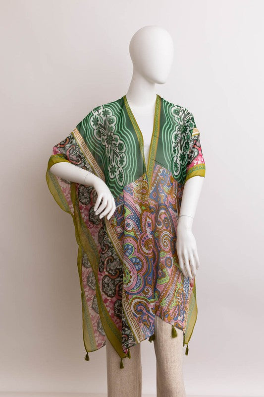 Paisley Print Open Front Kimono w/ Cinched Arms-3 Colors