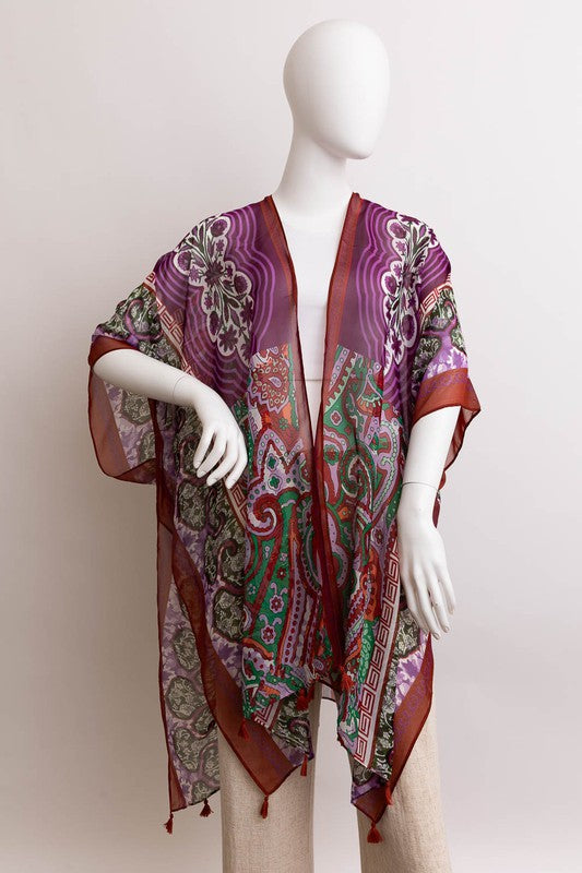 Paisley Print Open Front Kimono w/ Cinched Arms-3 Colors