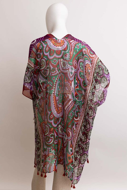 Paisley Print Open Front Kimono w/ Cinched Arms-3 Colors