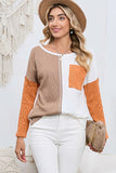 Cable Knit Color Block Round Neck Sweater