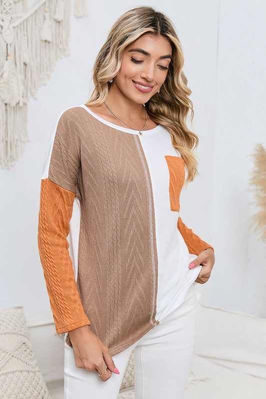 Cable Knit Color Block Round Neck Sweater
