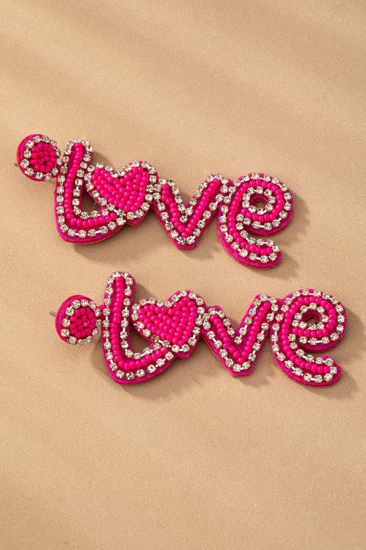 Hot Pink Love Seed Bead Rhinestone Earrings