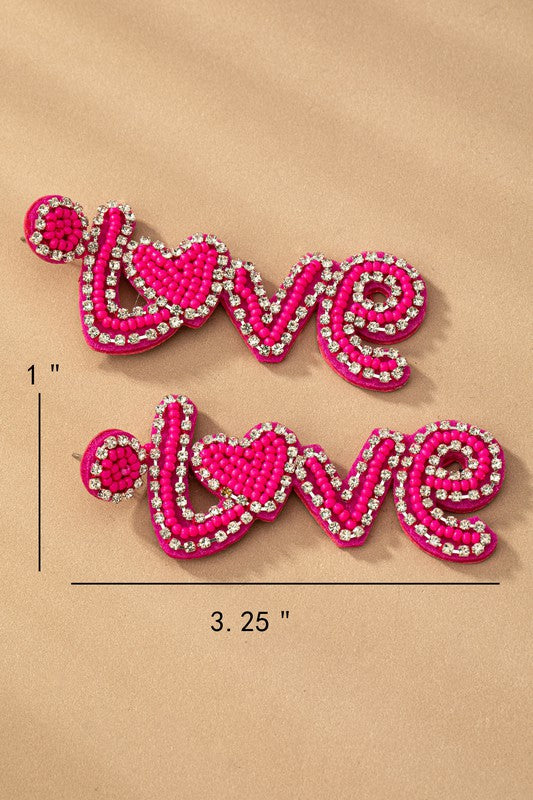 Hot Pink Love Seed Bead Rhinestone Earrings