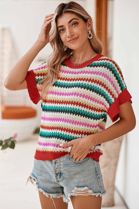 Colorblocked Piping Batwing Sleeve Knit Top