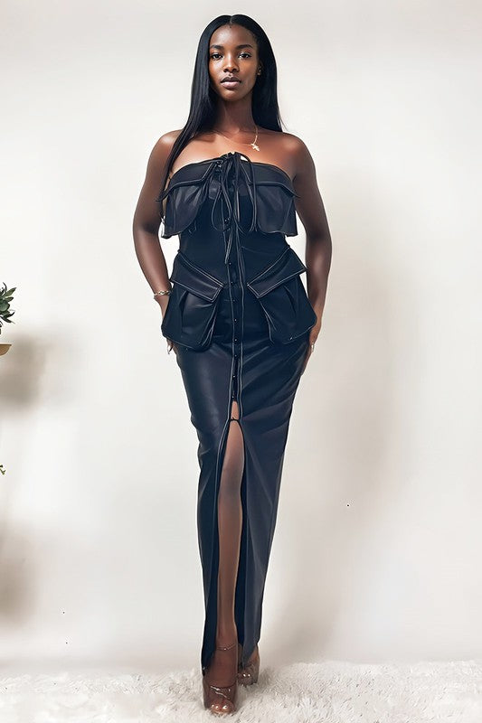 Athina Button Detailed PU Black Leather Dress