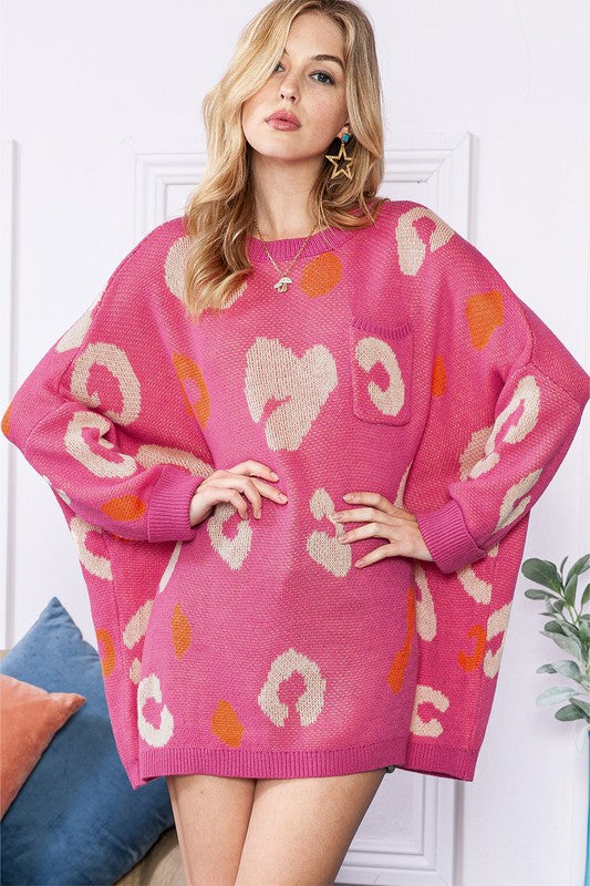Pink Leopard Dolman Sleeve Oversized Sweater
