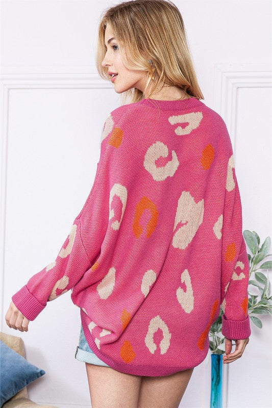 Pink Leopard Dolman Sleeve Oversized Sweater