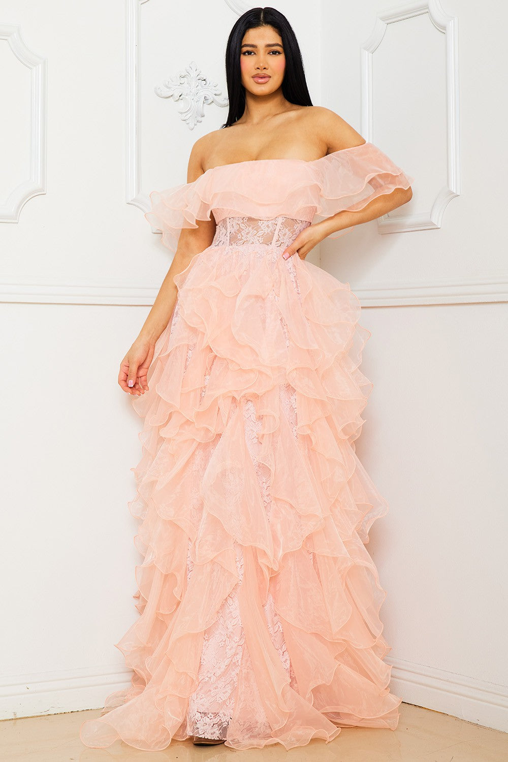 Off the Shoulder Mesh Maxi Dress- Blush (PRE-ORDER)