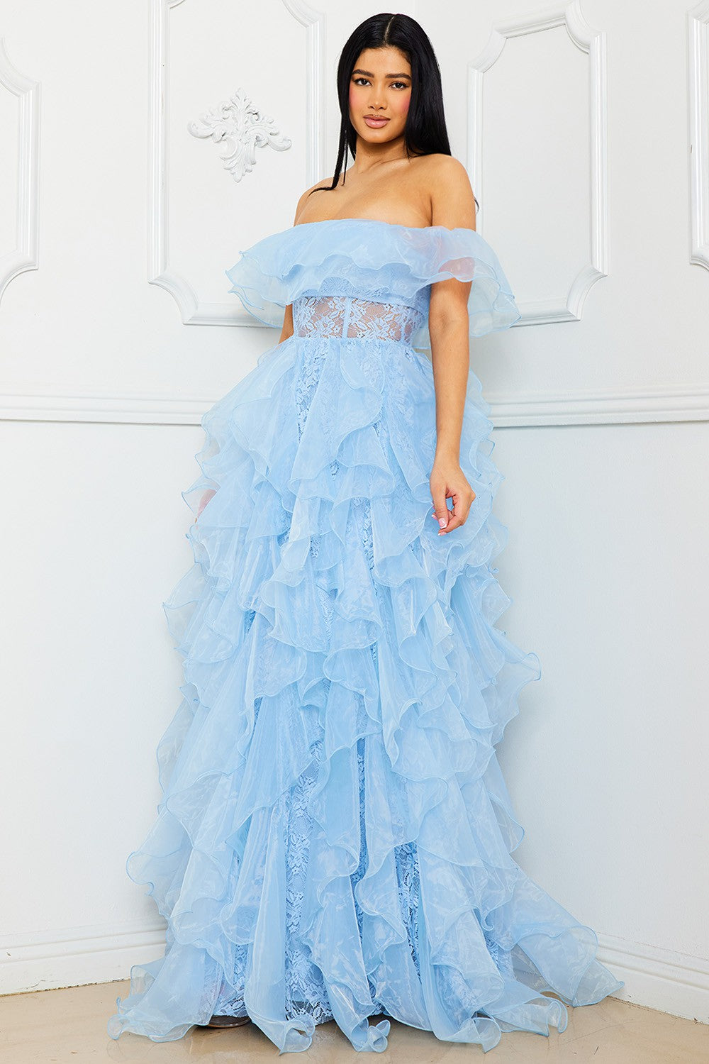 Off the Shoulder Mesh Maxi Dress- Baby Blue (PRE-ORDER)