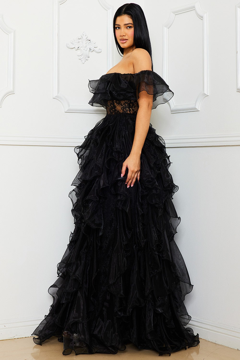 Off the Shoulder Mesh Maxi Dress- Black (PRE-ORDER)