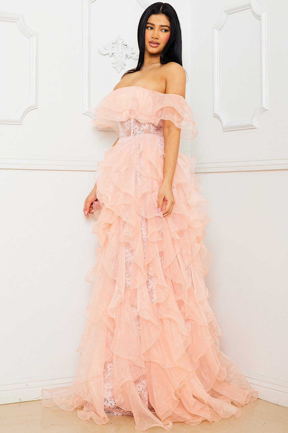 Off the Shoulder Mesh Maxi Dress- Blush (PRE-ORDER)