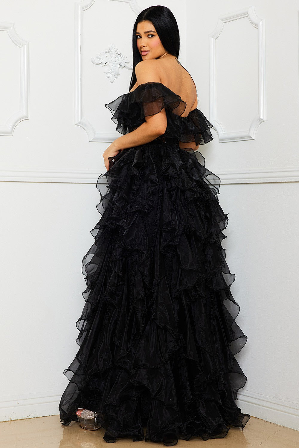 Off the Shoulder Mesh Maxi Dress- Black (PRE-ORDER)