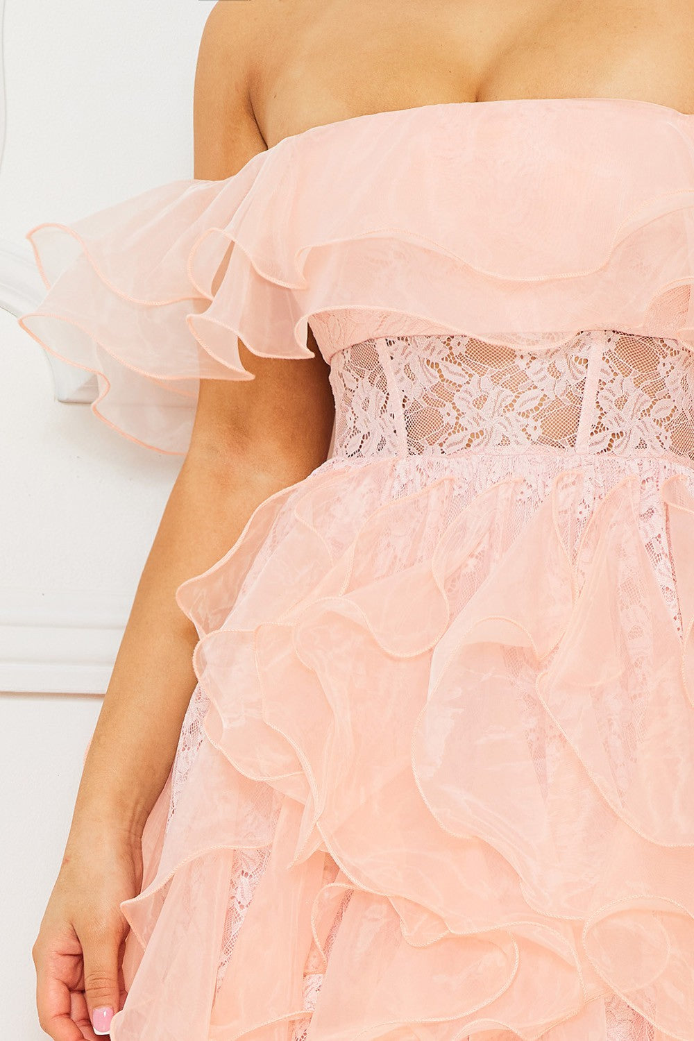 Off the Shoulder Mesh Maxi Dress- Blush (PRE-ORDER)