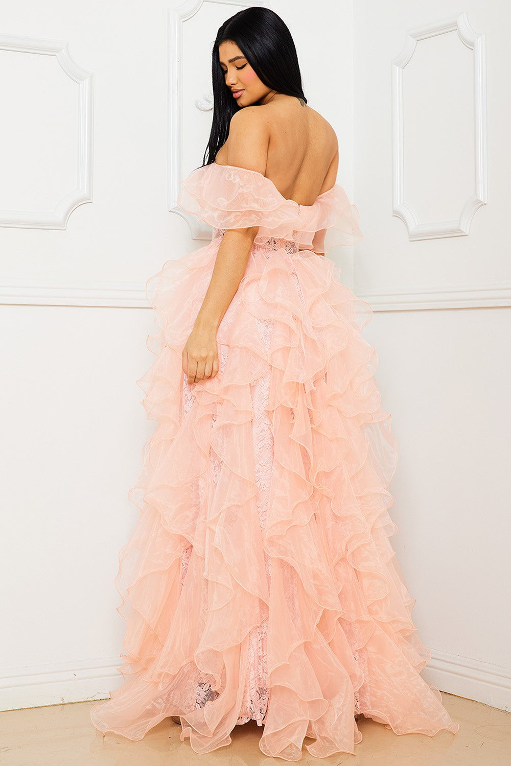 Off the Shoulder Mesh Maxi Dress- Blush (PRE-ORDER)