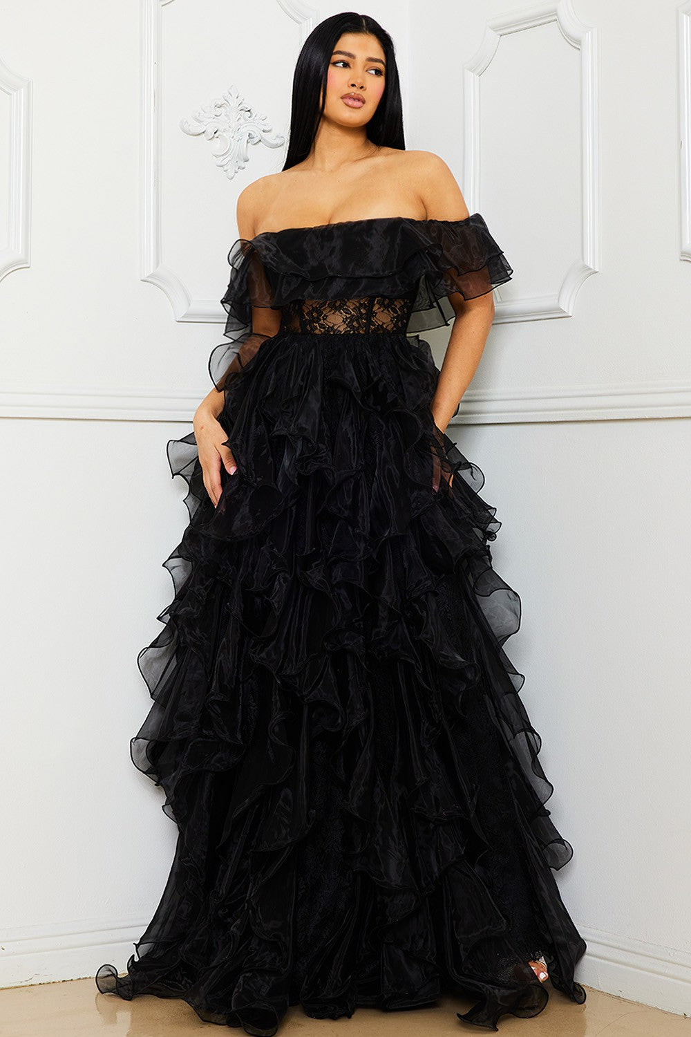 Off the Shoulder Mesh Maxi Dress- Black (PRE-ORDER)