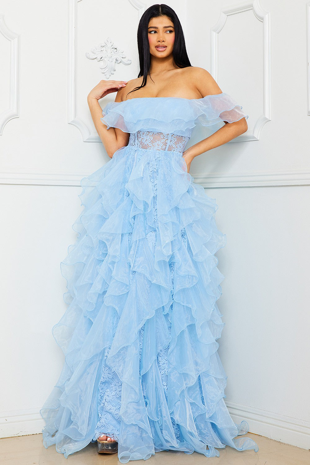 Off the Shoulder Mesh Maxi Dress- Baby Blue (PRE-ORDER)