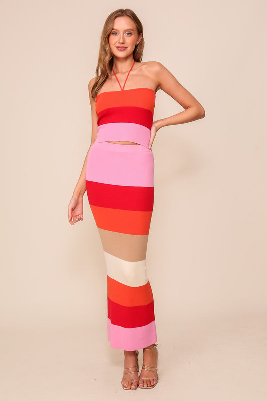 Vibrant Color Multi Striped Color Block Knit Skirt & Top Set- Red Combo
