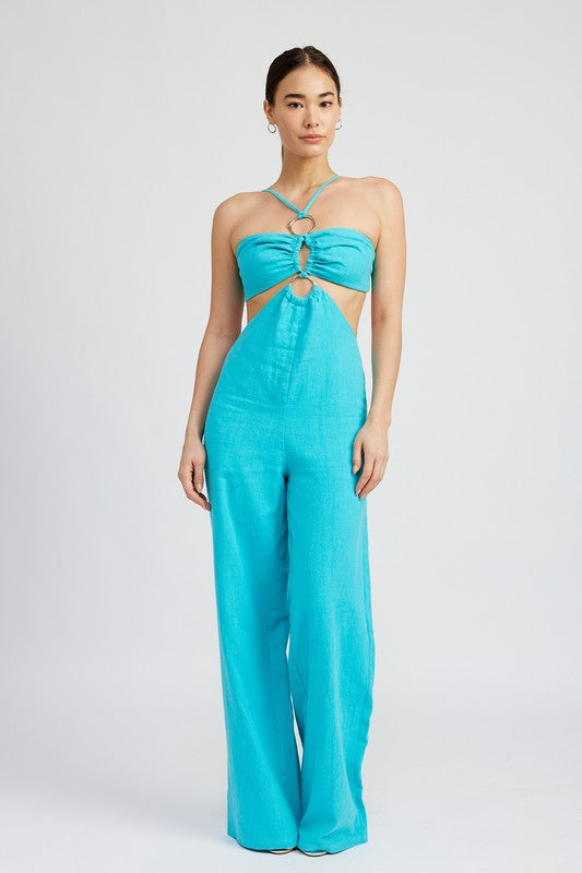 TURQUOISE DOUBLE O RING CUT OUT JUMPSUIT