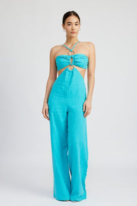 TURQUOISE DOUBLE O RING CUT OUT JUMPSUIT