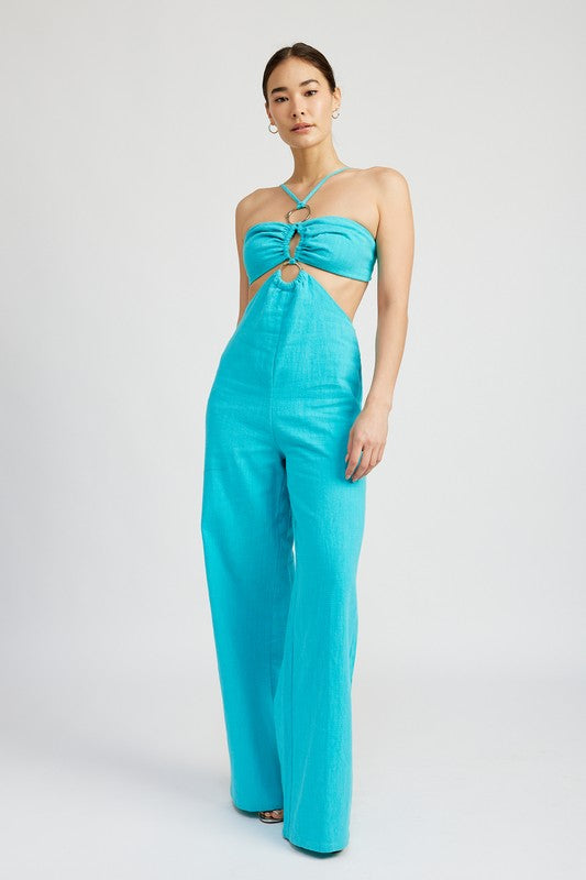 TURQUOISE DOUBLE O RING CUT OUT JUMPSUIT